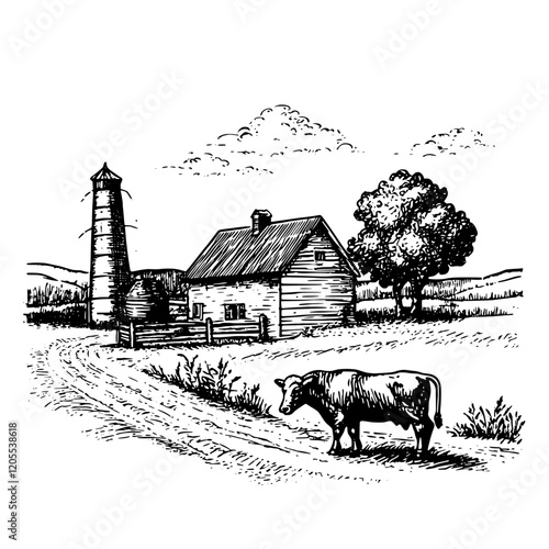 Rustic farmland captures the calm essence of rural life with a cow grazing near a quaint barn during a sunlit afternoon