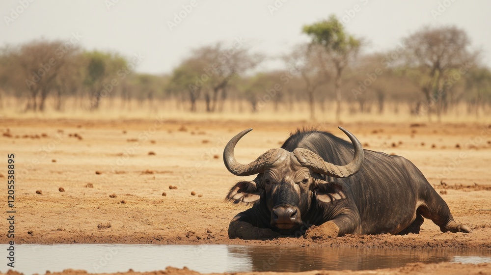 Obraz premium African Buffalo Resting by Waterhole in Arid Landscape