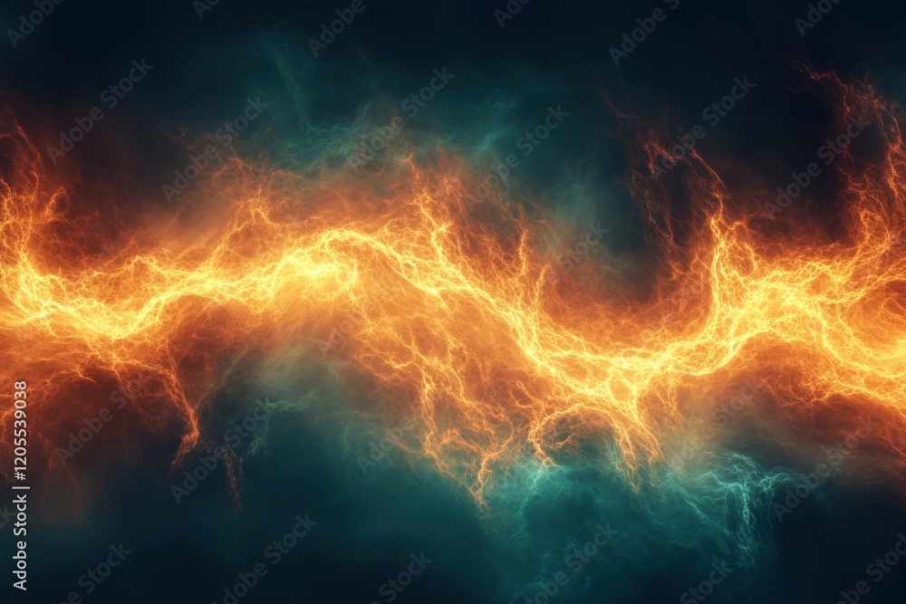 Fototapeta premium Vibrant energy waves create abstract patterns in fiery orange and blue hues during night backdrop