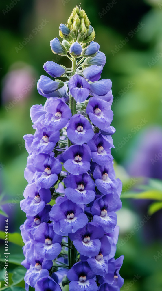 Purple delphinium blossoms clustering on slender green stem, revealing delicate petals and vibrant botanical details in bright sunlight Purple delphinium blossoms clustering on slender green stem, revealing delicate petals and vibrant botanical details in bright sunlight