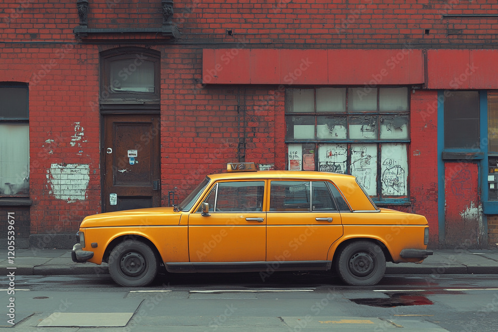 Fototapeta premium Yellow Classic Car Parked Beside a Brick Building