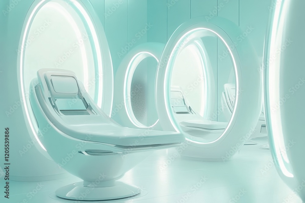 Fototapeta premium Modern futuristic relaxation pods in a serene spa environment
