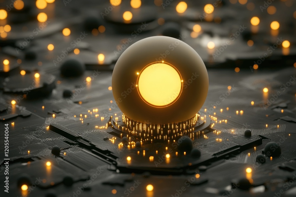 Robotic Eye Glows Softly in Dark Futuristic Environment With Shimmering Circuits and Mirrors Reflecting Intricate Details Robotic Eye Glows Softly in Dark Futuristic Environment With Shimmering Circuits and Mirrors Reflecting Intricate Details