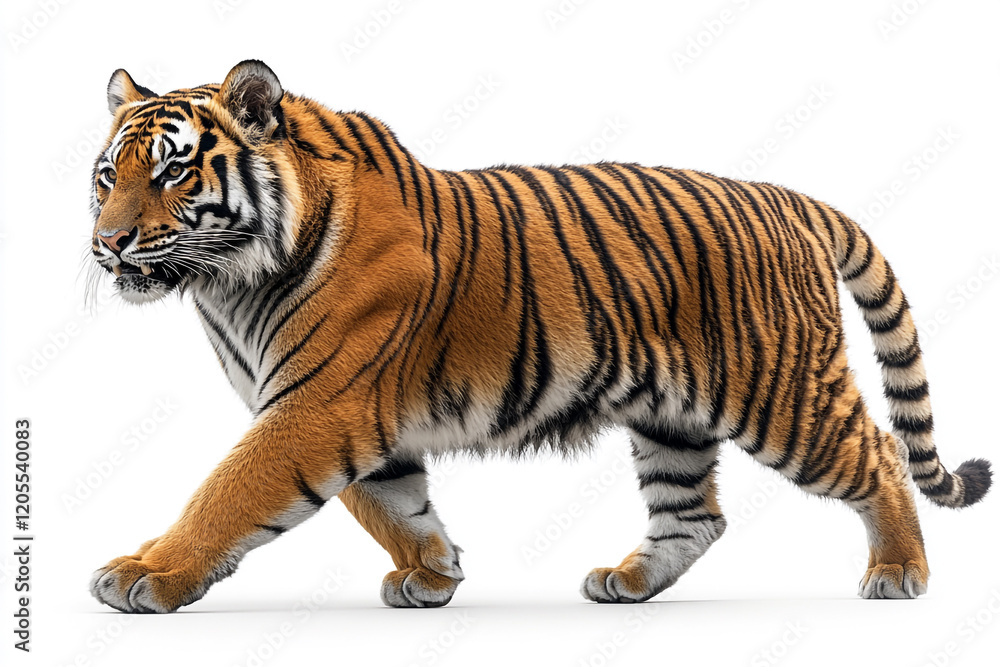 Naklejka premium Majestic Tiger Walking Gracefully Against White Background