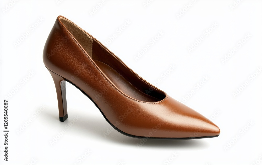 Leather high-heeled shoe with a pointed toe and glossy finish on a clean white background Leather high-heeled shoe with a pointed toe and glossy finish on a clean white background