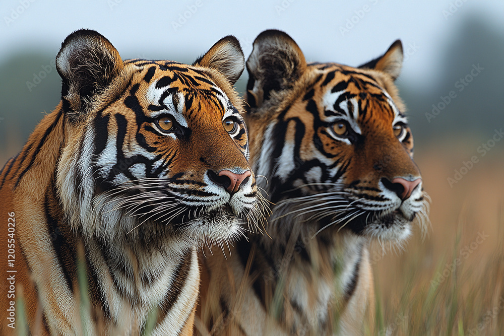 Obraz premium Two Majestic Tigers Observing Their Surroundings
