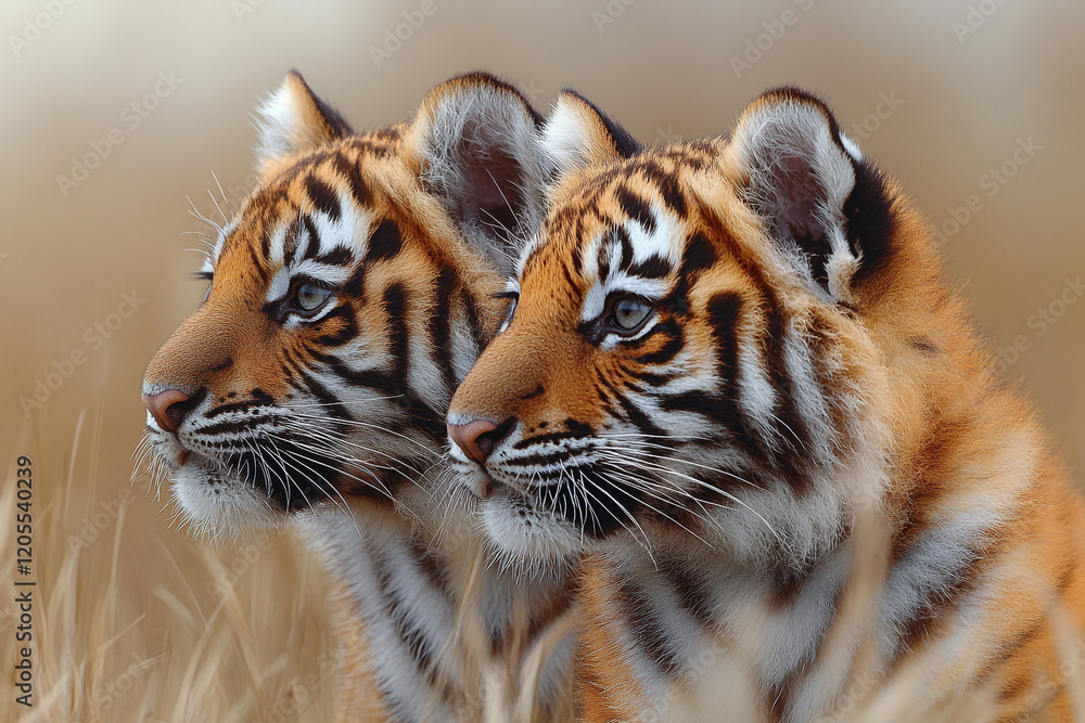 Obraz premium Two Adorable Tiger Cubs Gaze Into The Distance
