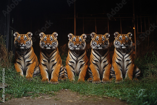 Five young tigers sit together in a row at night