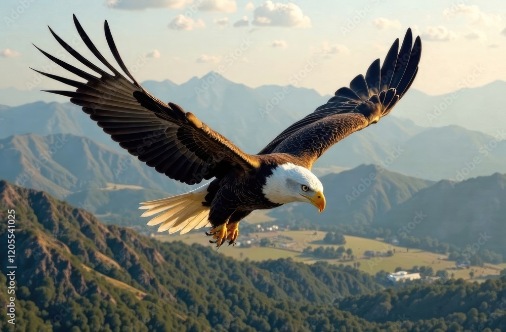 Obraz premium A bald eagle flies over a mountain range. USA Independence Day concept