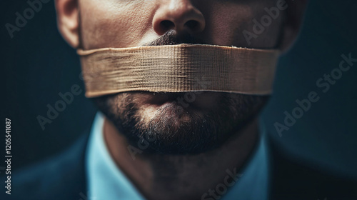 Silenced Voice: Close-up of a man's mouth covered with tape, conveying a powerful message of censorship, suppression, or silenced dissent.