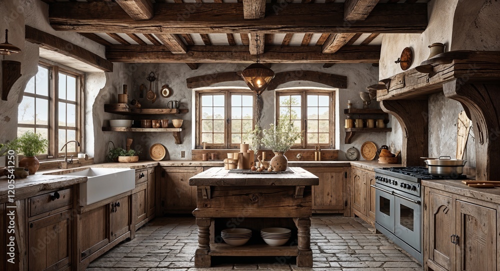 Rustic medieval kitchen with wooden beams background Rustic medieval kitchen with wooden beams background