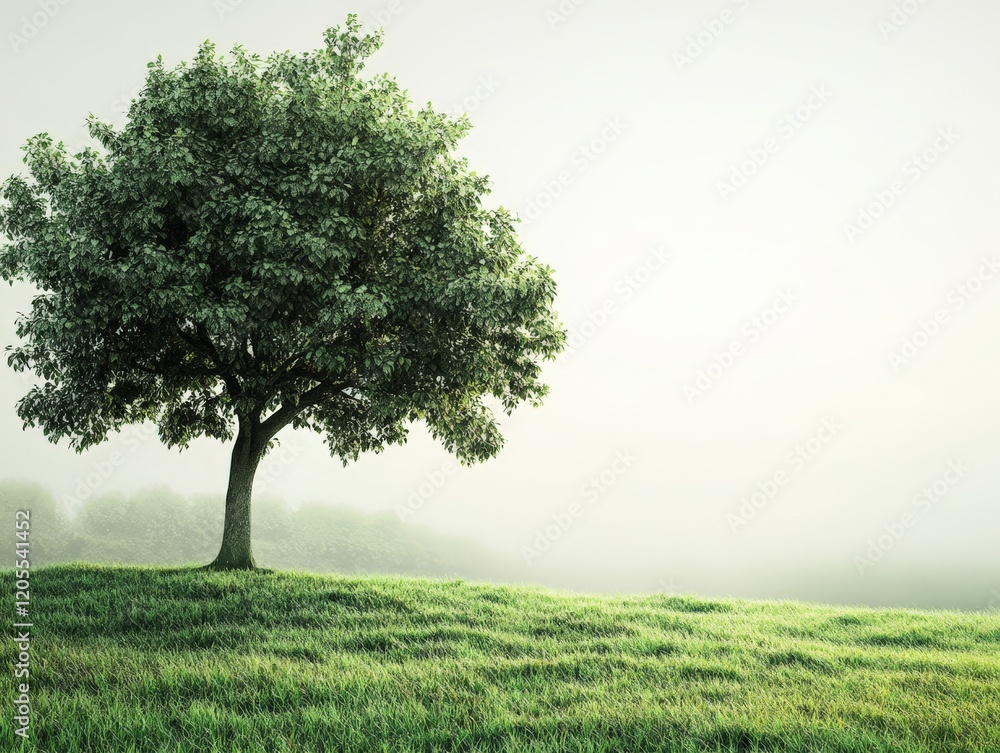 Obraz premium A solitary tree stands on a grassy field, shrouded in soft morning mist.