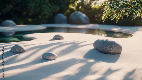 A minimalist zen garden with white sand arranged in a flowing pattern, accompanied by a few smooth stones. The design creates a peaceful and meditative atmosphere, evoking tranquility and harmony. photo