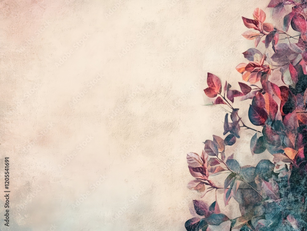 A soft, textured background with colorful leaves in the corner, ideal for design use. A soft, textured background with colorful leaves in the corner, ideal for design use.