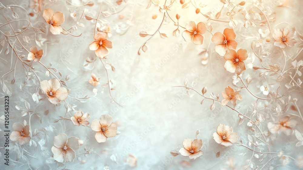 Elegant floral pattern with delicate peach blossoms and swirling vines in light pastel colors Elegant floral pattern with delicate peach blossoms and swirling vines in light pastel colors