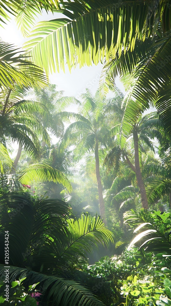 Fototapeta premium Lush tropical forest with vibrant greenery and soft sunlight.