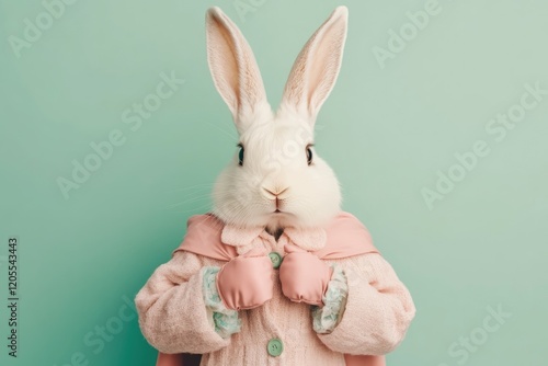 Fluffy Rabbit Dressed as a Superhero in a Pink Suit With Matching Gloves and Cape Stands Proudly Against a Pastel Green Background photo