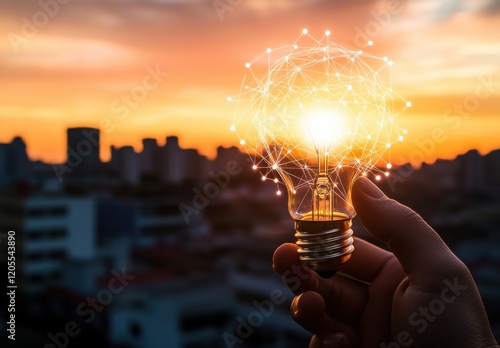 A hand grips a glowing light bulb as digital connections form in the backdrop of a vibrant sunset cityscape, embodying innovative ideas