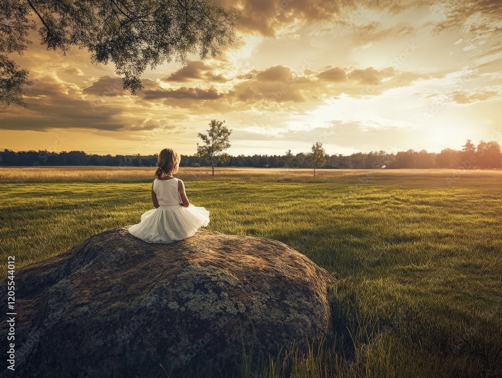 A girl in a white dress sits on a rock, gazing at a sunset over a grassy landscape. A girl in a white dress sits on a rock, gazing at a sunset over a grassy landscape.