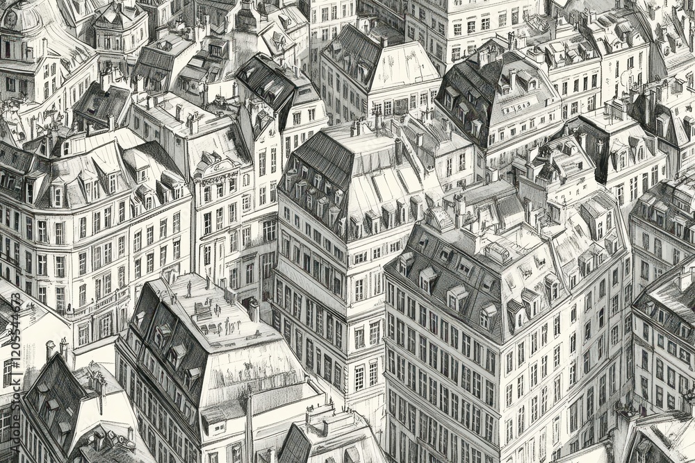 Obraz premium Aerial View of Urban Architecture Featuring Intricate Rooflines and Detailed Facades in a Classic European Cityscape Style