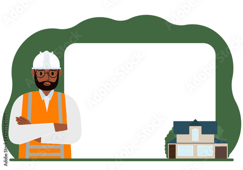 Male builder against the background of a large poster or advertisement, a small house nearby. Building work, service.