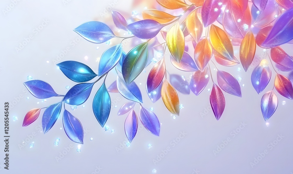 Fototapeta premium Glowing iridescent leaves branch, pastel background, design element