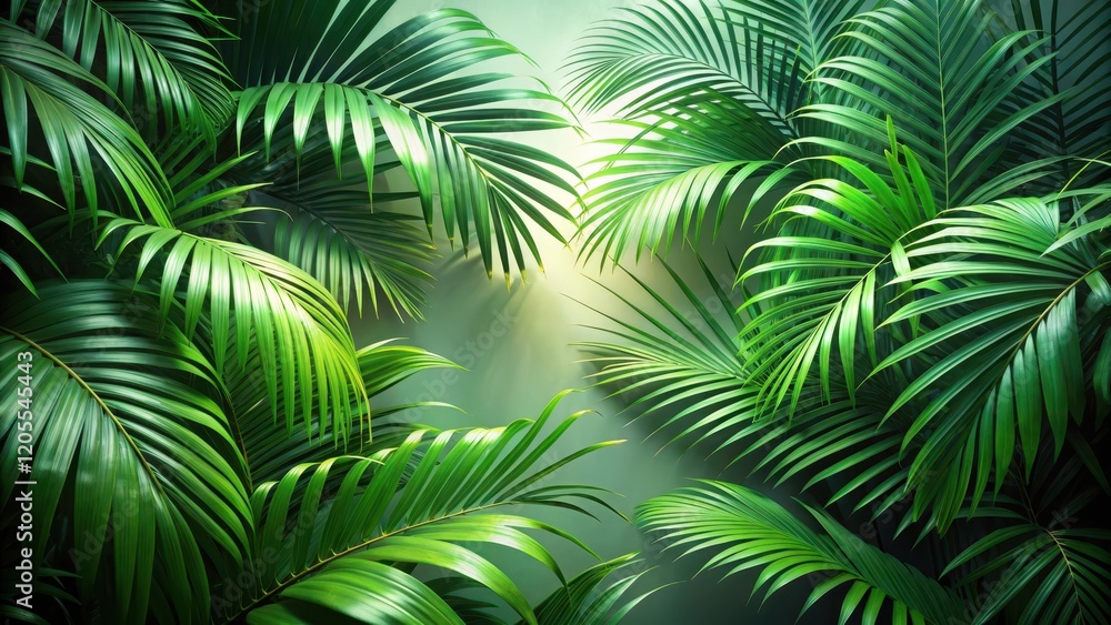 Lush Greenery Vibrant Tropical Palm Fronds Arranged Against a Soft Green Background, Evoking a Sense of Serenity and Natural Beauty Lush Greenery Vibrant Tropical Palm Fronds Arranged Against a Soft Green Background, Evoking a Sense of Serenity and Natural Beauty