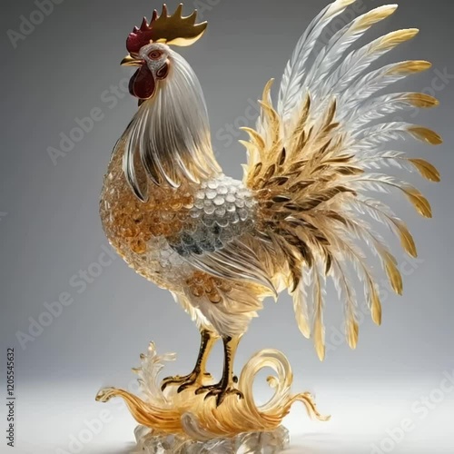 an upright, proud water figure adorned with a glowing crest resembling a rooster’s comb. shimmering translucent wings extend from its back, their edges glowing with radiant gold.