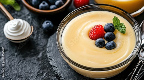 Smooth vanilla pudding topped with fresh berries and mint