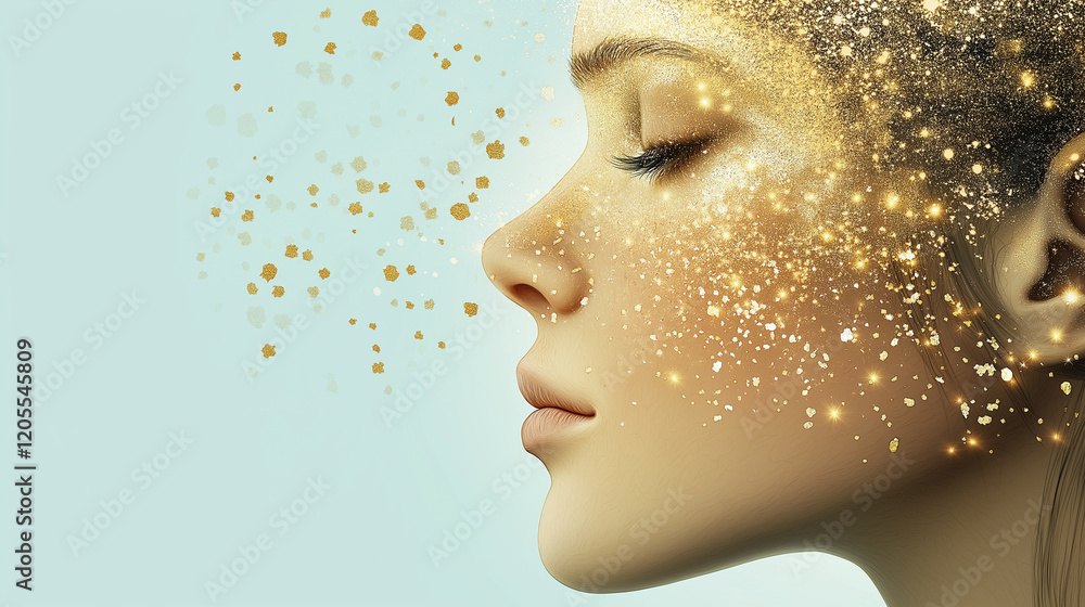 Woman with golden glitter makeup and sparkling particles with copy space Woman with golden glitter makeup and sparkling particles with copy space