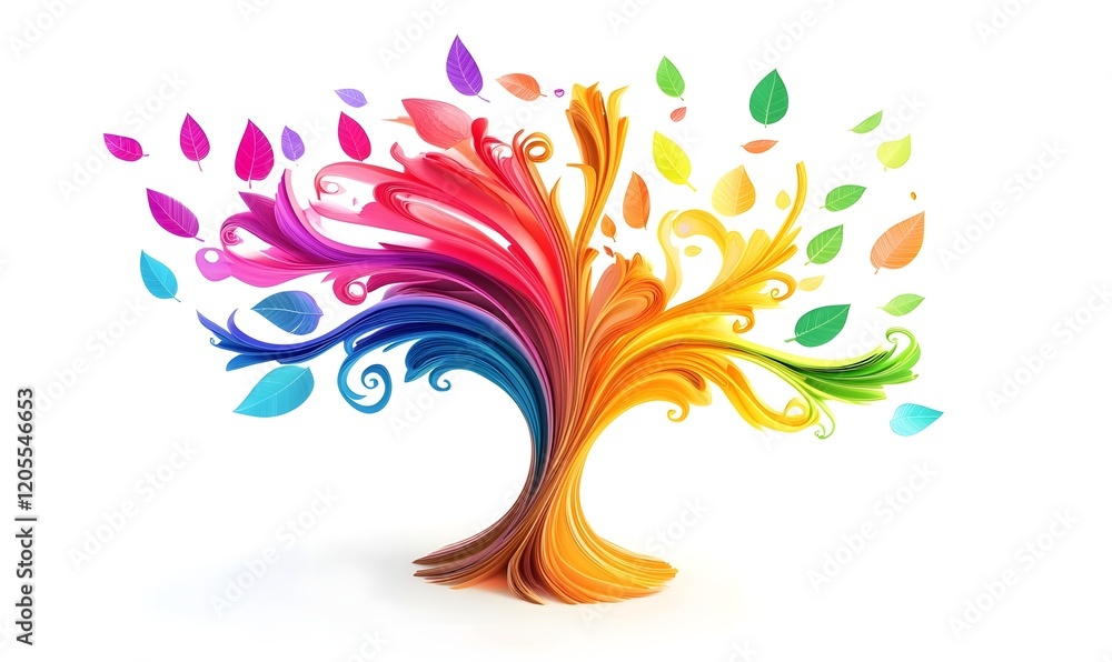 Rainbow tree design, leaves falling, white background, logo concept Rainbow tree design, leaves falling, white background, logo concept