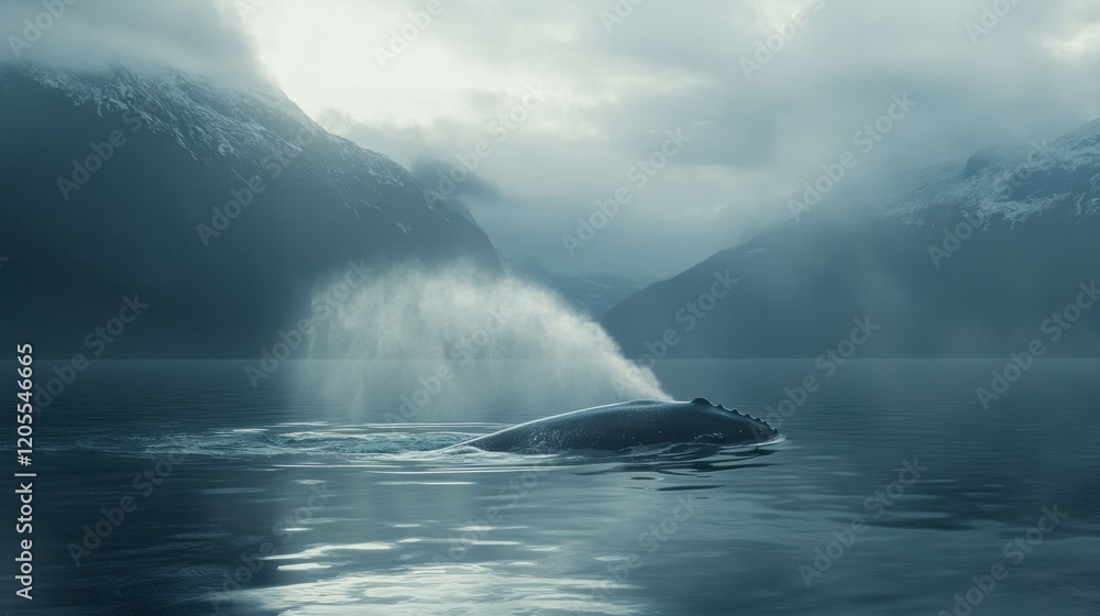 Obraz premium Majestic Whale Breaching in Misty Coastal Waters with Mountains