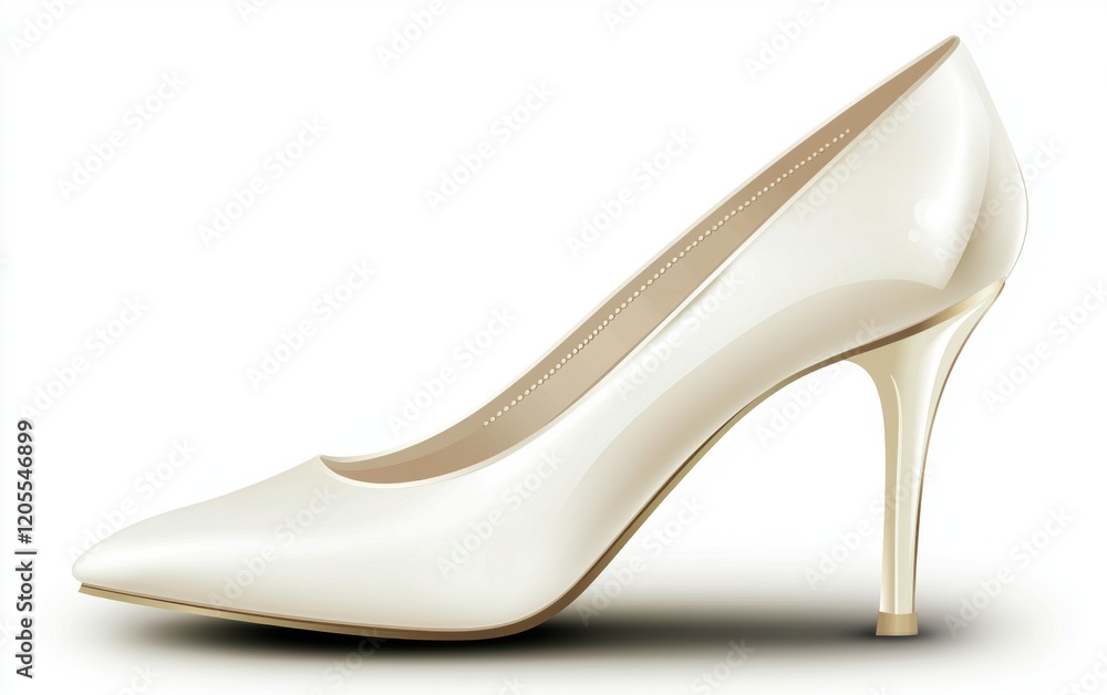Pearl high-heeled shoe with a pointed toe and glossy finish on a clean white background Pearl high-heeled shoe with a pointed toe and glossy finish on a clean white background