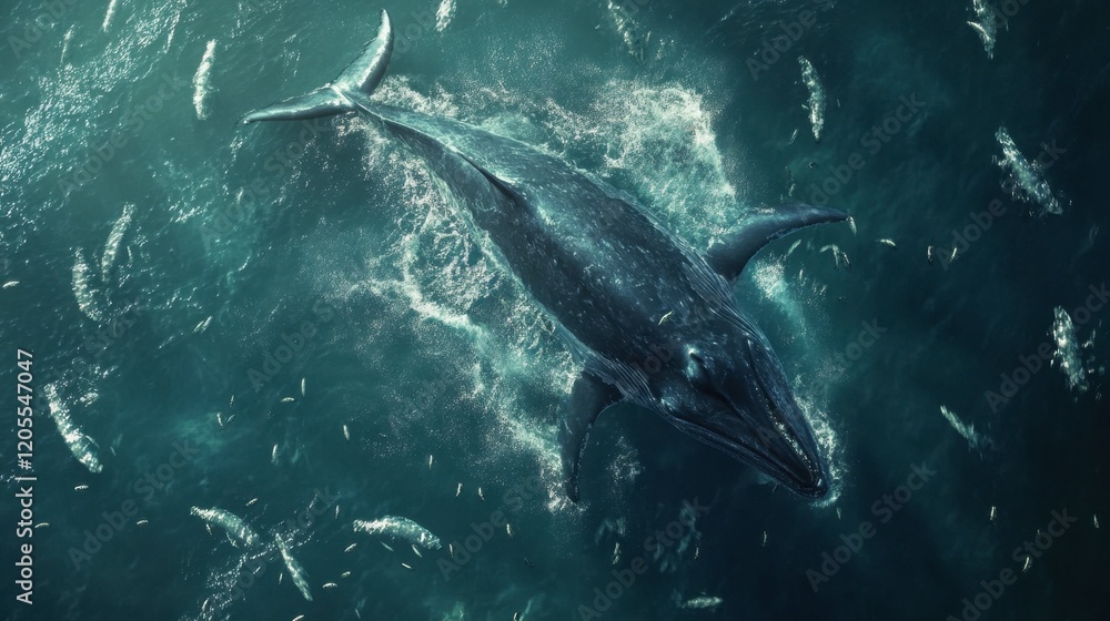 Fototapeta premium Majestic Blue Whale Swimming in Ocean Surrounded by Small Fish