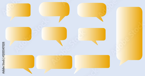 This is a set of vector-style speech bubbles with a gradient gold-to-yellow color scheme on a light blue background. The speech bubbles vary in shape and size, including rectangular and rounded rectan