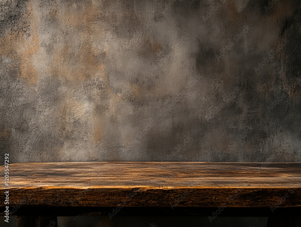 A rustic wooden table against a textured, dark wall, ideal for photography or design use. A rustic wooden table against a textured, dark wall, ideal for photography or design use.