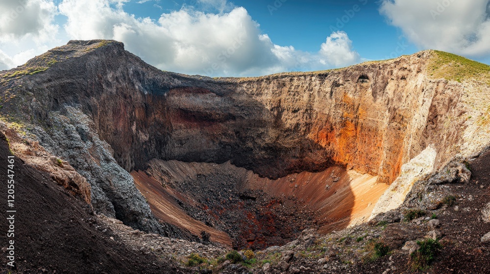 Naklejka premium Dramatic aerial view of a large volcanic crater with layered rock formations and cloudy blue sky