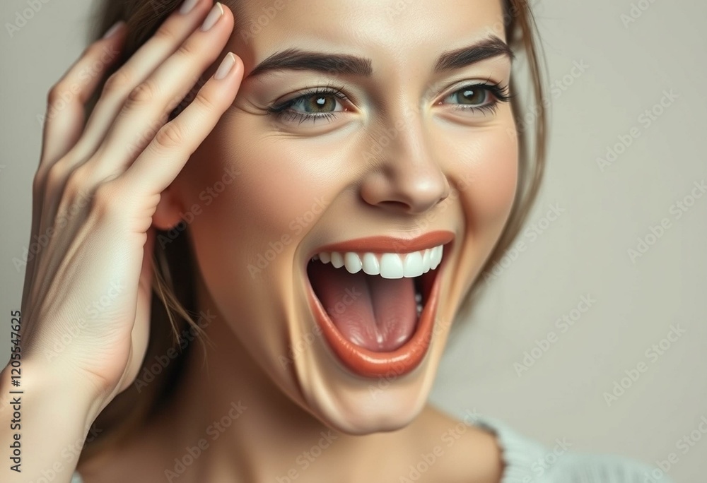 Relaxed female yawning with subtle smile
