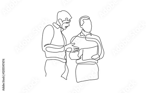 Continuous one line drawing two businessman discussing work with documents, Continuous one line drawing young professionals are discussing team projects.