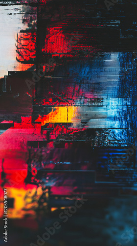 Vibrant digital colors merging, generating dynamic glitch-style abstract pattern resonating with intense visual energy and fluid motion
