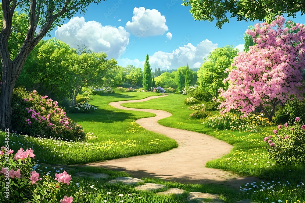 Fototapeta premium Tranquil Park Scene with Lush Lawns Winding Path