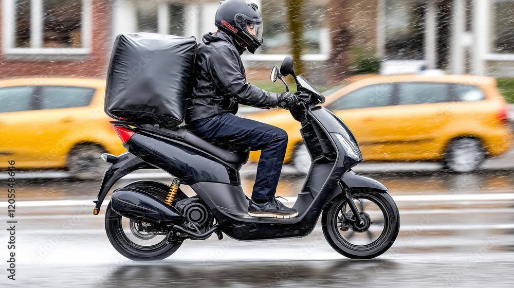 Male delivery rider on scooter in rainy urban setting Male delivery rider on scooter in rainy urban setting