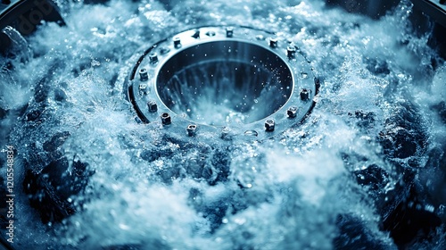 A detailed close-up shot showing a metal ring within a forceful and turbulent flow of water. The image captures the dynamic energy of the water. Green Energy Hydropower water turbine photo