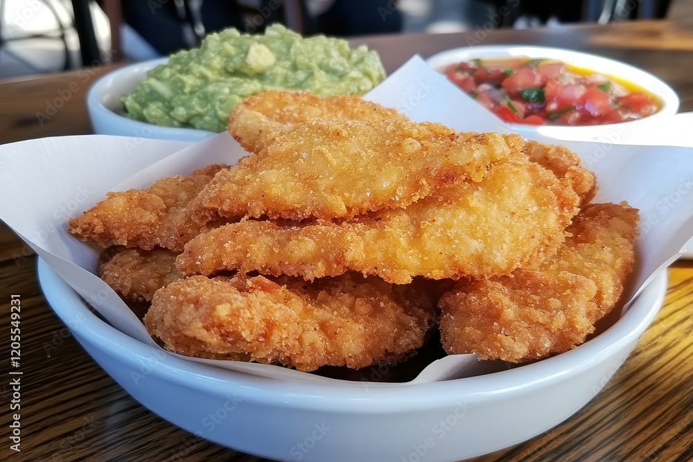 Delicious crispy chicken tenders served with fresh guacamole and salsa in a cozy dining setting perfect for food lovers and restaurant enthusiasts Delicious crispy chicken tenders served with fresh guacamole and salsa in a cozy dining setting perfect for food lovers and restaurant enthusiasts