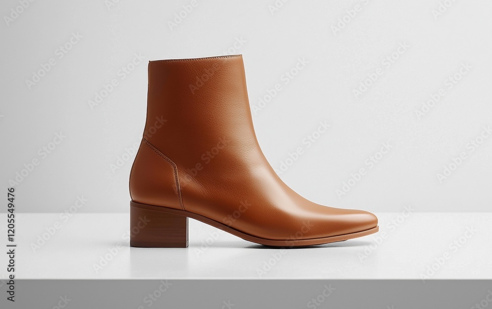 Sleek tan ankle boots with a smooth finish and a low heel on a crisp white surface Sleek tan ankle boots with a smooth finish and a low heel on a crisp white surface