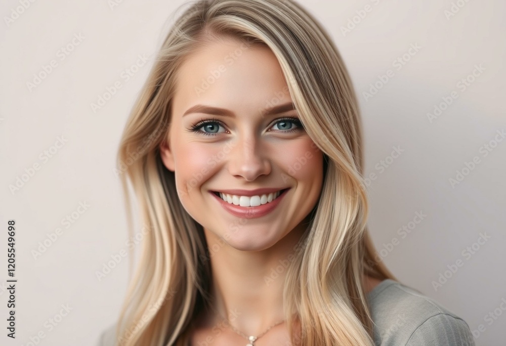 Portrait of a smiling Nordic blond female with a warm and inviting expression Portrait of a smiling Nordic blond female with a warm and inviting expression