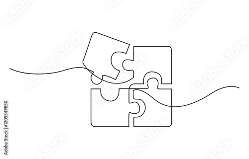 Continuous one line drawing of puzzle jigsaw pieces, Single one line drawing puzzle pieces for connection company logo identity. Puzzle jigsaw metaphor for teamwork collaboration business concept.