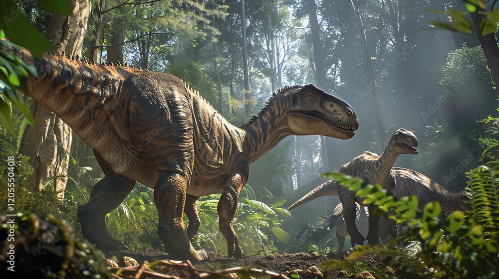 Naklejka premium Two dinosaurs walk through a lush jungle.