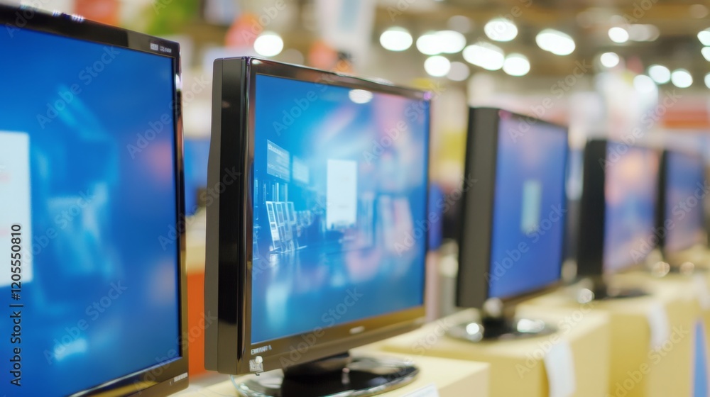 Naklejka premium Workers assembling and inspecting large flat-screen TVs on a high-tech manufacturing line. Precision and teamwork in the production of advanced electronic devices.