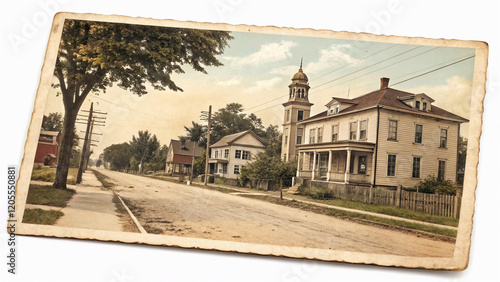 Step back in time with this beautifully hand-colored photograph of a serene European street, featuring classic automobiles, charming storefronts, and an old-world atmosphere.